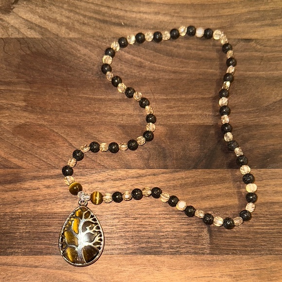 Tiger’s Eye Tree Necklace (Beige Crystal Beads, Black Lava Rock And Tiger’s Eye) - Picture 6 of 12